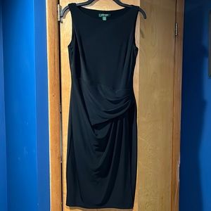 Black sleeveless dress, knee length, ruching at waist, no zipper